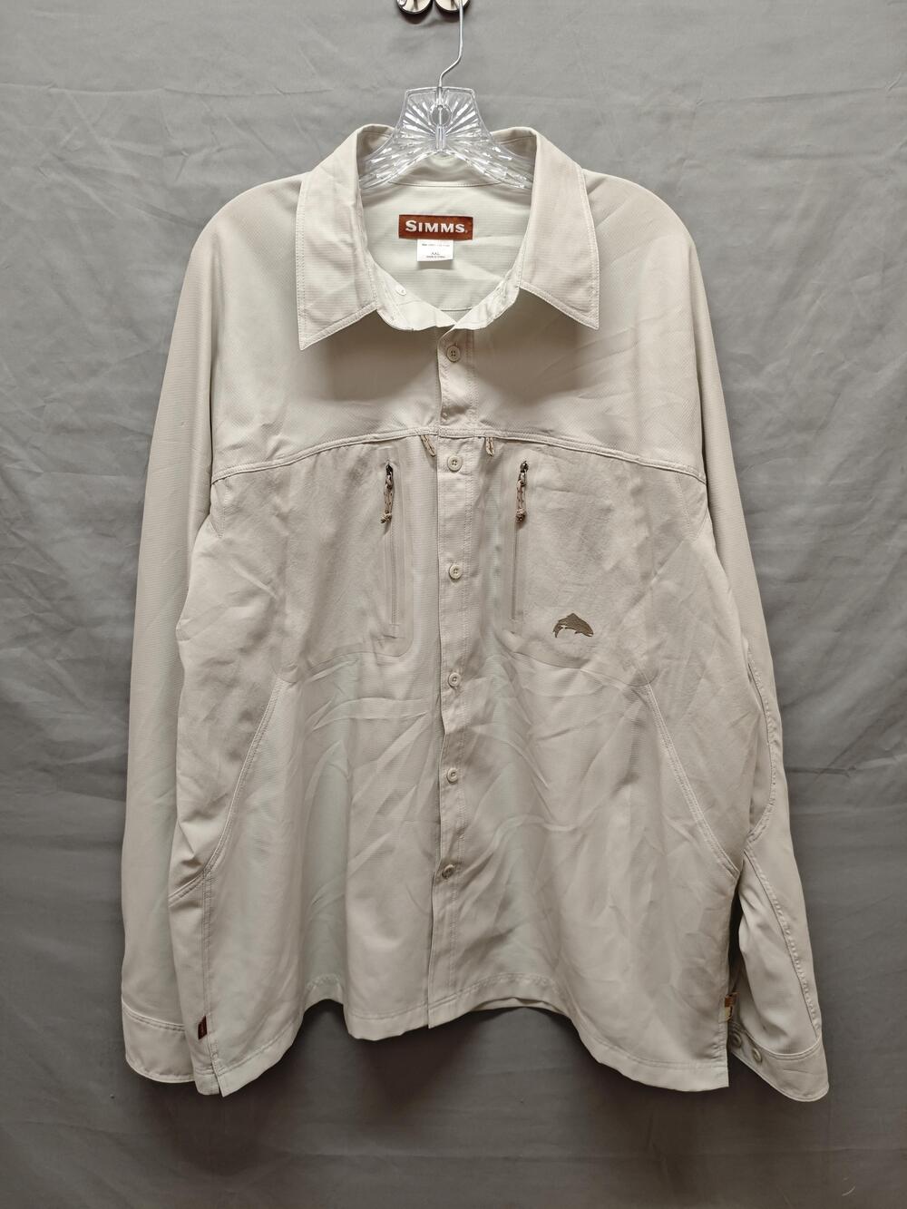 Simms Shirt Mens 2XL Khaki Fishing Long Sleeve Zip Chest Pockets Vented